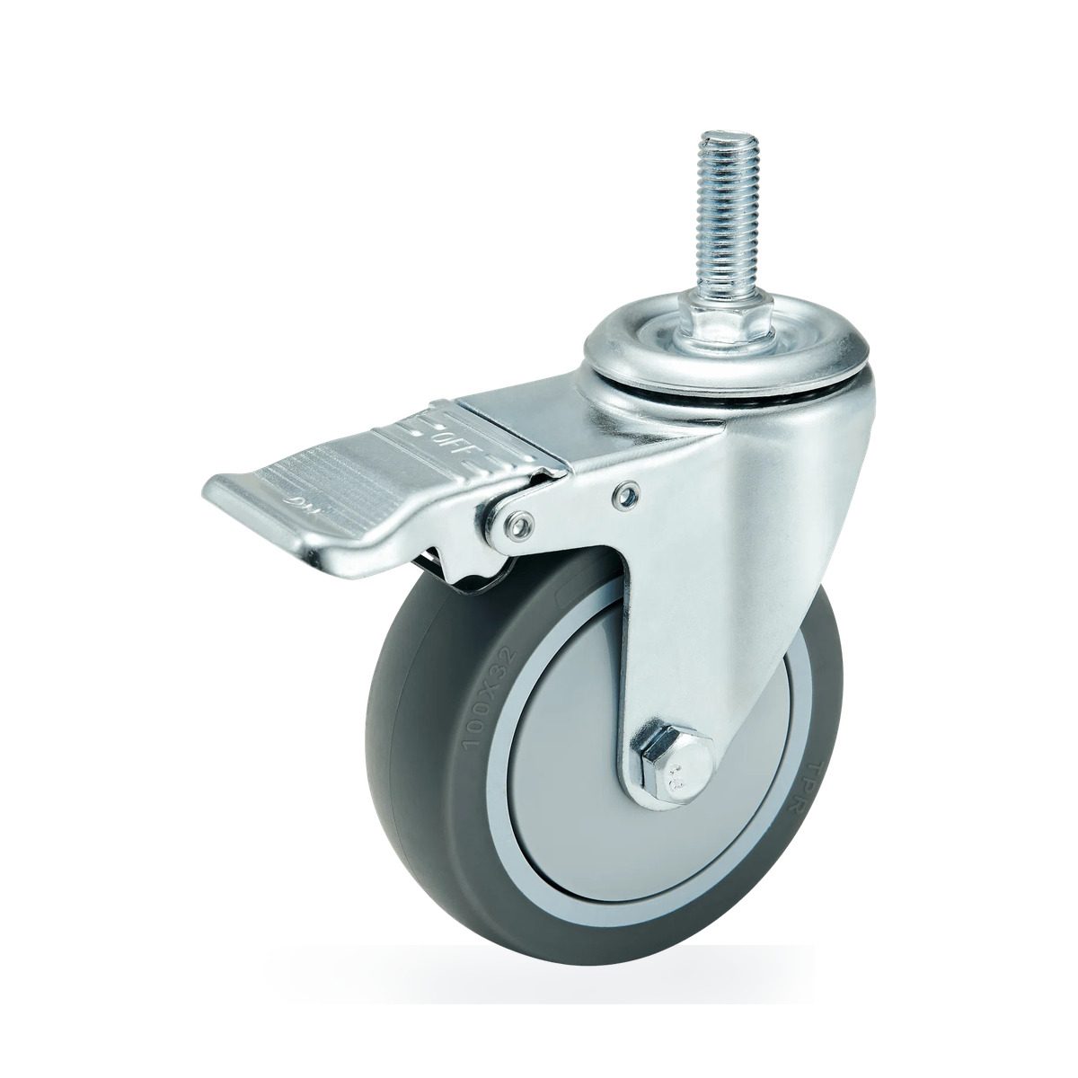 100 mm TPR Threaded Stem Swivel Caster with Wheel Brake — 100 mm wheel, 120 kg load capacity, Threaded stem