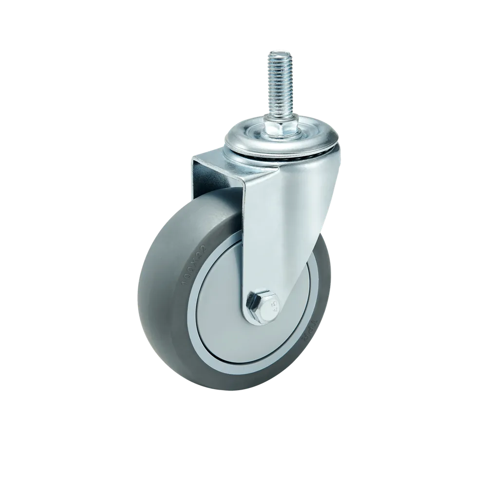4 Inch Medium Duty Threaded Stem Swivel Caster Brake Grey TPR — TPR Threaded stem caster, 100 mm wheel, 120 kg load capacity