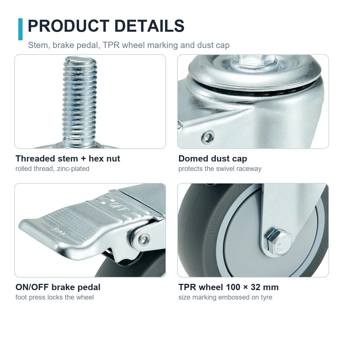 100 mm TPR Threaded Stem Swivel Caster with Wheel Brake — Detail close-ups