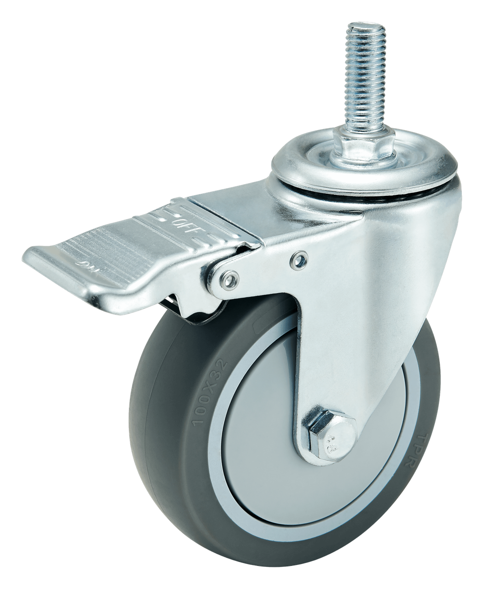100 mm TPR Threaded Stem Swivel Caster with Wheel Brake — TPR Threaded stem caster, 100 mm wheel, 120 kg load capacity