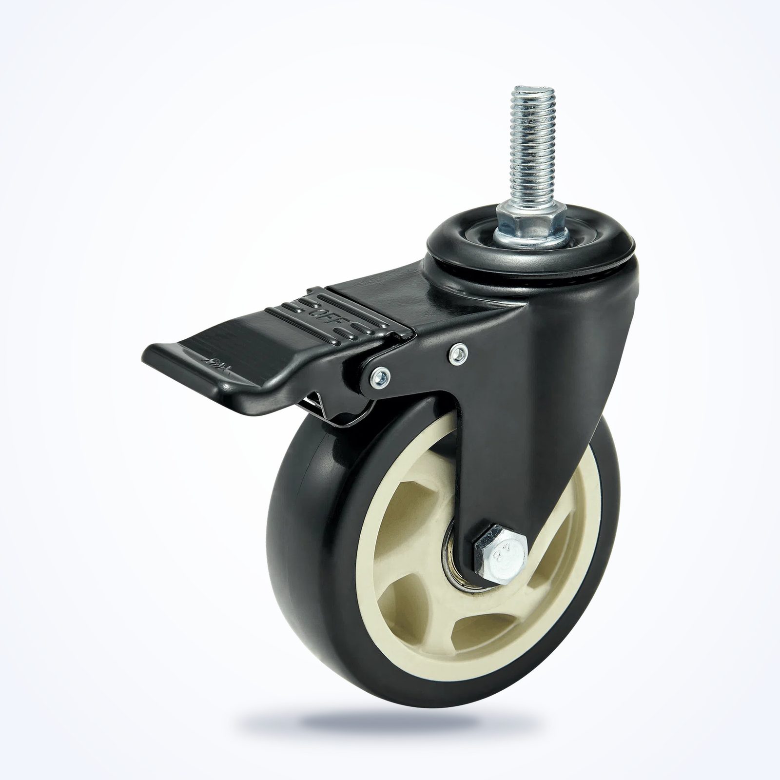 100 mm PU Threaded Stem Swivel Caster with Total Lock — Black — 100 mm wheel, 120 kg load capacity, Threaded stem