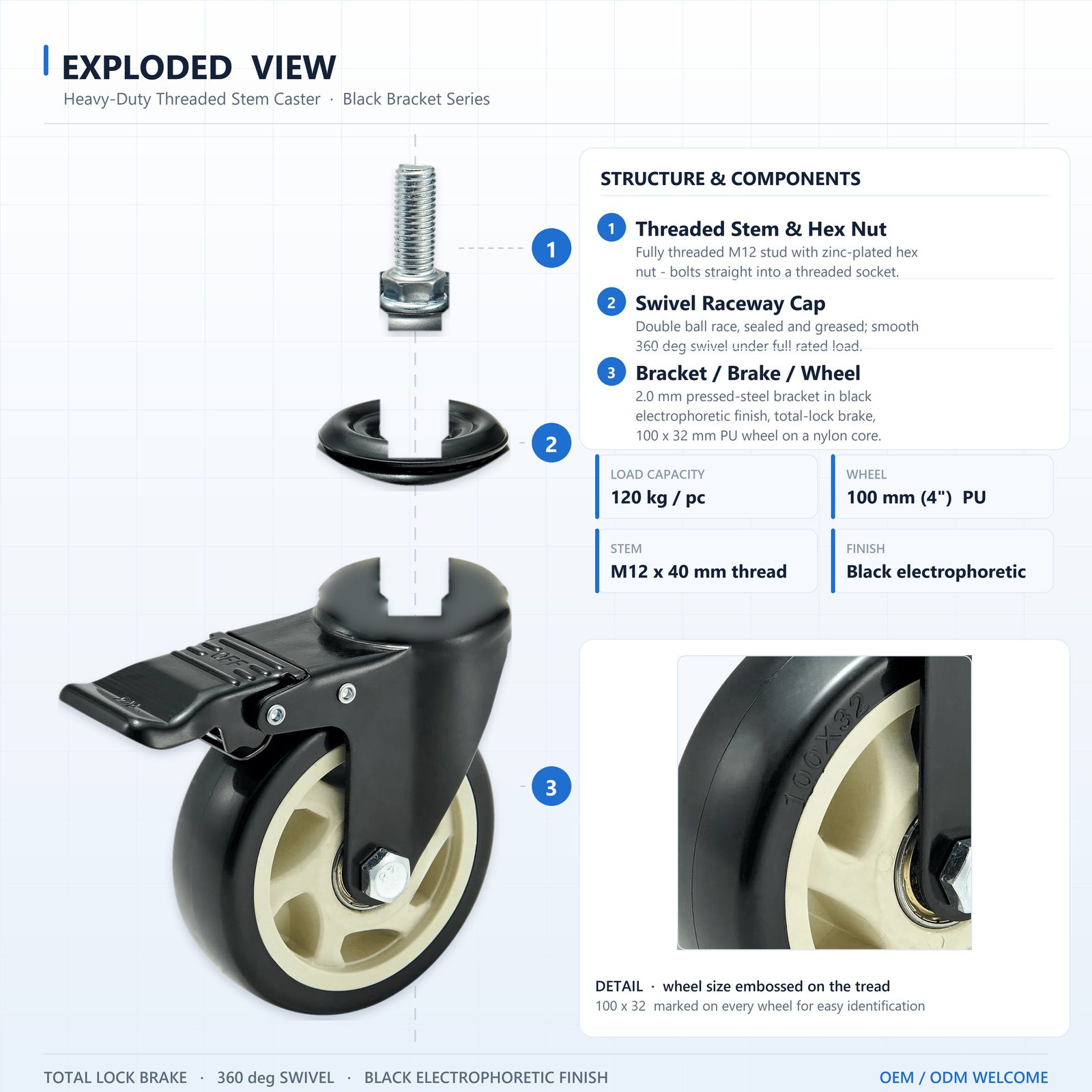 100 mm PU Threaded Stem Swivel Caster with Total Lock — Black — Exploded view