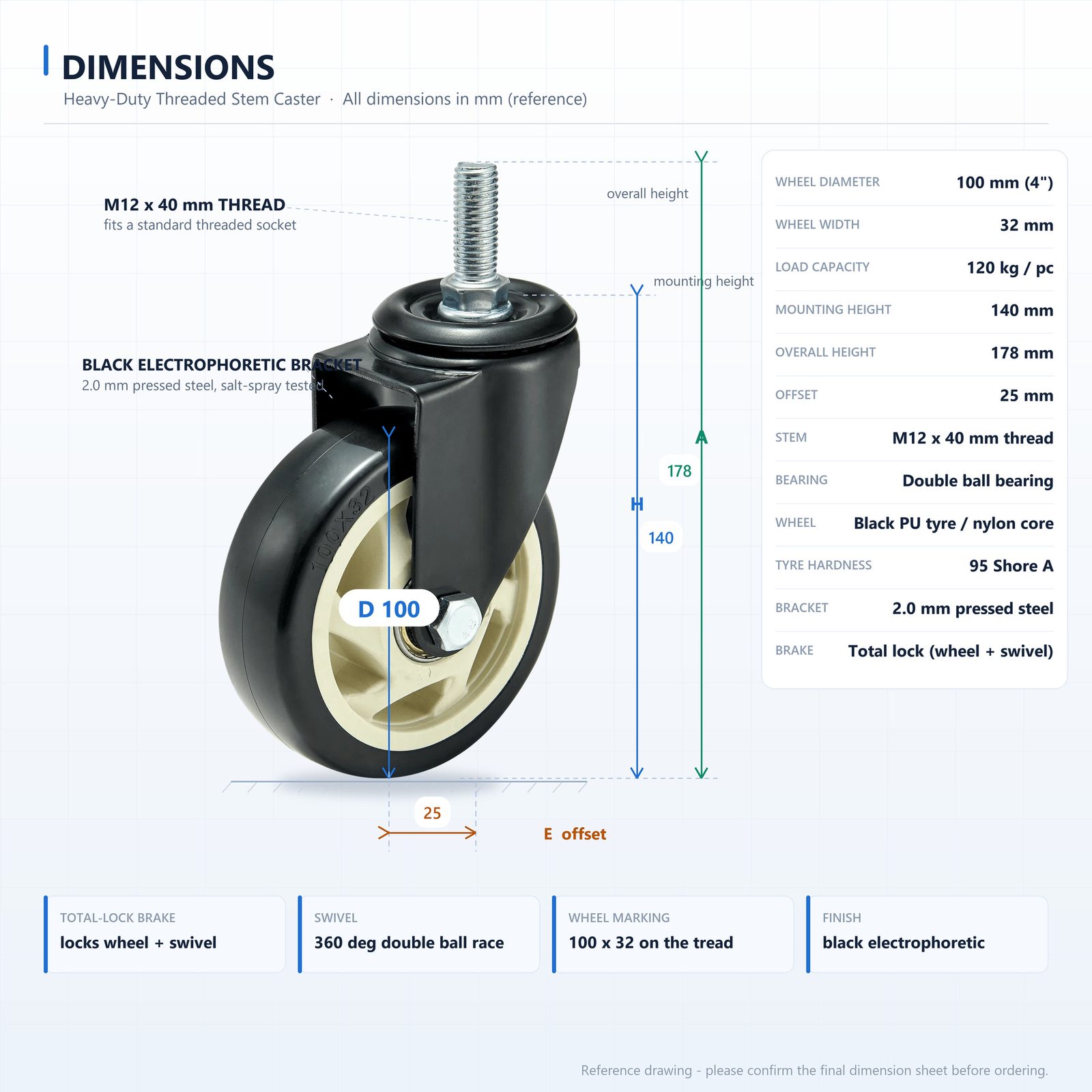 100 mm PU Threaded Stem Swivel Caster with Total Lock — Black — Dimensions (reference)