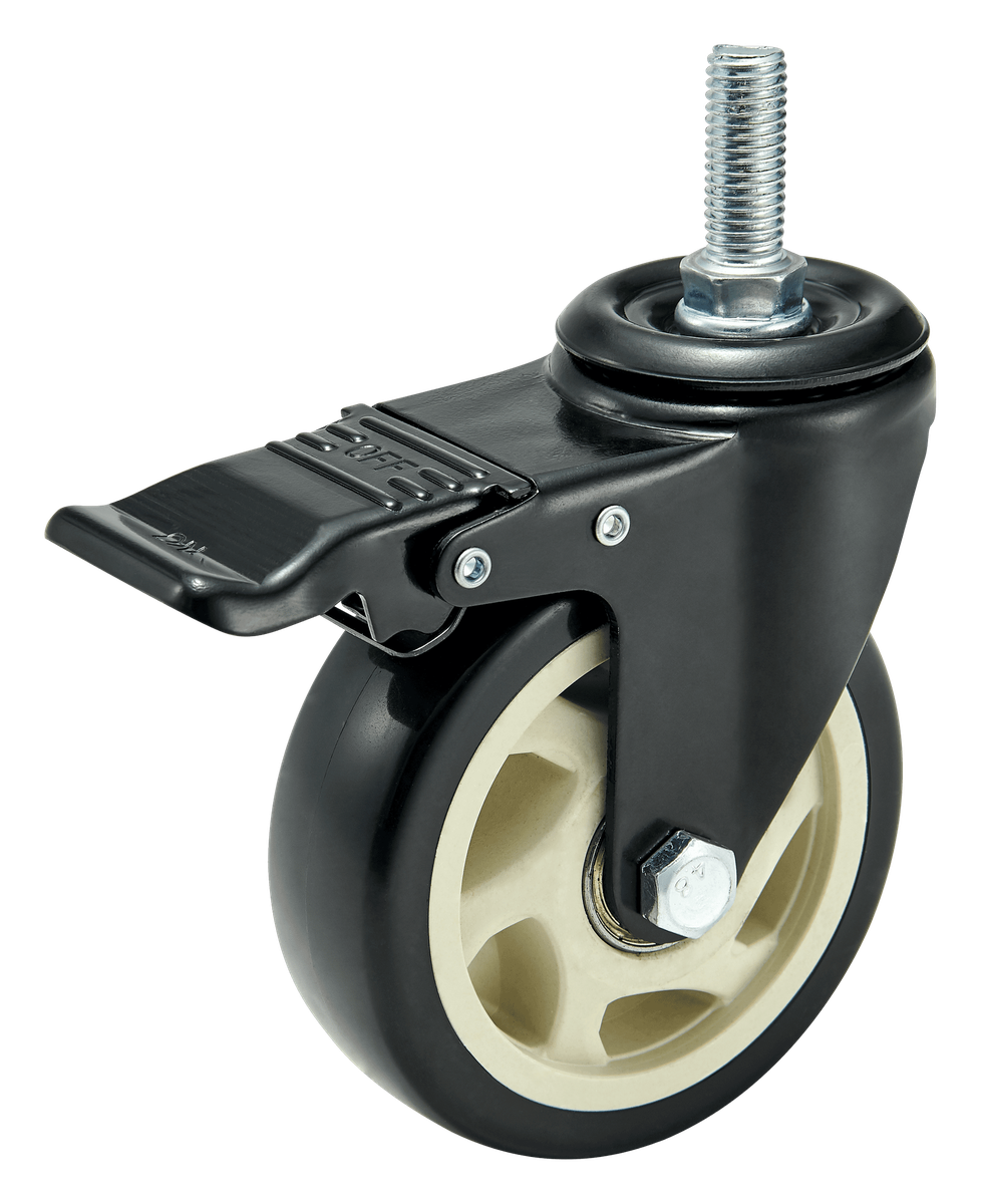 100 mm PU Threaded Stem Swivel Caster with Total Lock — Black — Polyurethane Threaded stem caster, 100 mm wheel, 120 kg load capacity