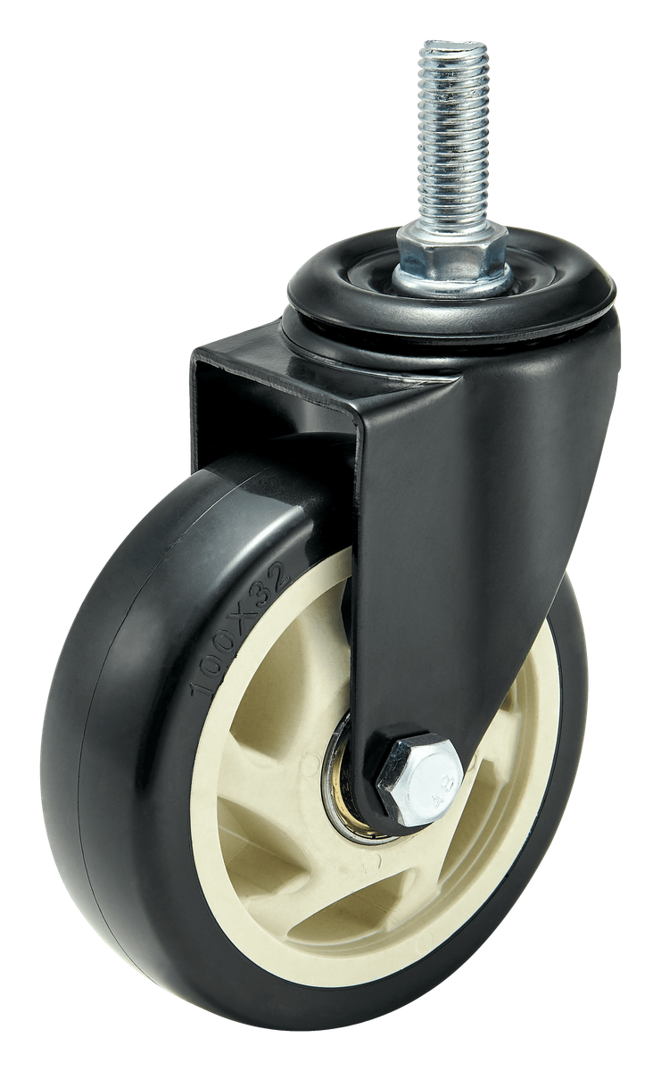 100 mm PU Threaded Stem Swivel Caster with Total Lock — Black — Cutout — without brake