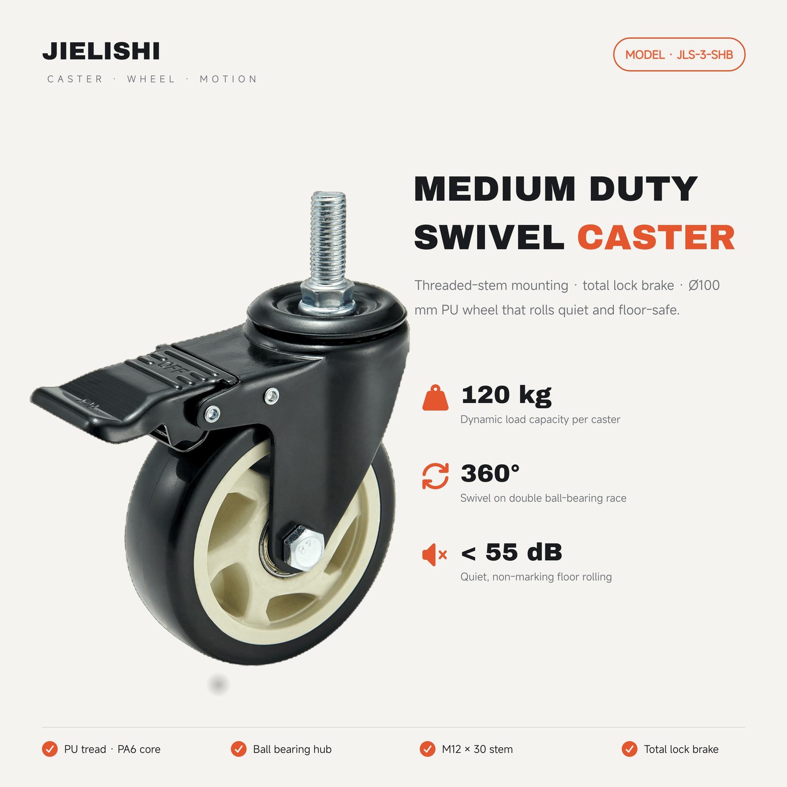 100 mm PU Threaded Stem Swivel Caster with Total Lock — Black — Feature banner