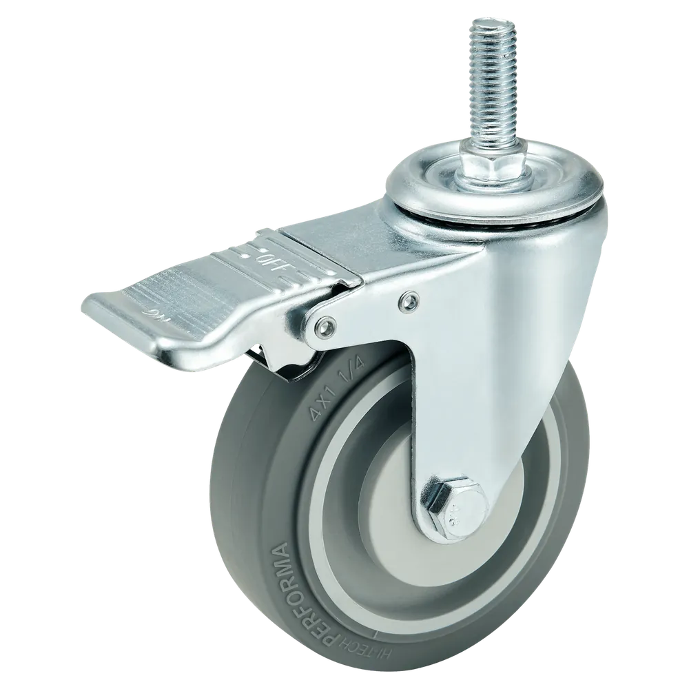4 Inch Grey TPR Medium Duty Threaded Stem Swivel Brake Caster — Cutout — without brake