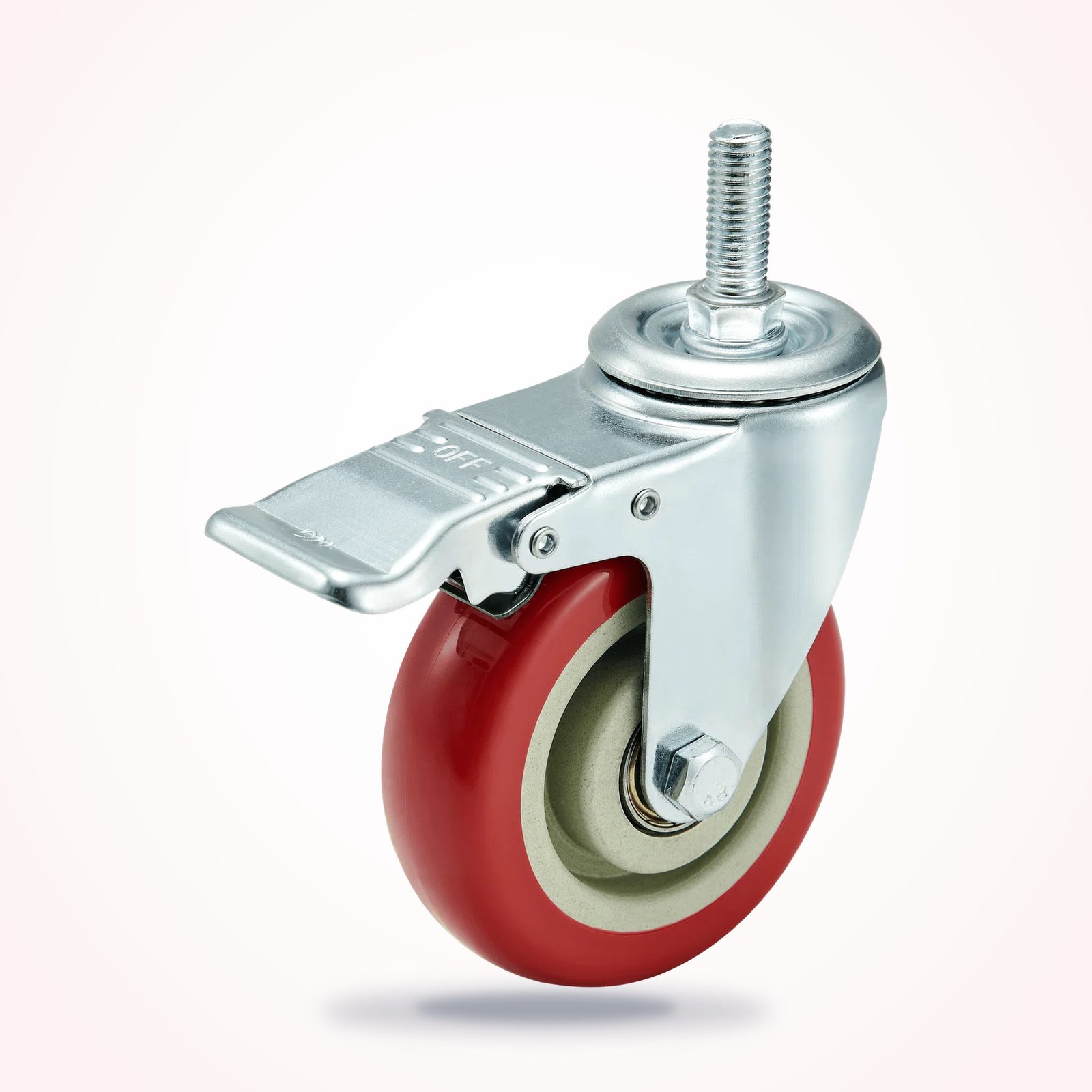100 mm PU Threaded Stem Swivel Caster with Total Lock — Red Wheel — 100 mm wheel, 140 kg load capacity, Threaded stem