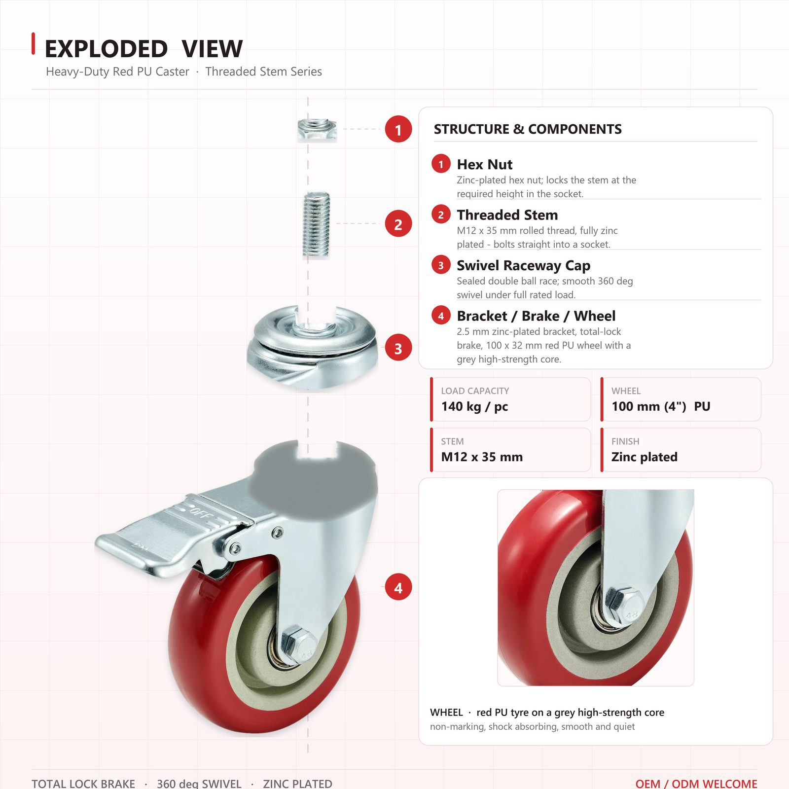 100 mm PU Threaded Stem Swivel Caster with Total Lock — Red Wheel — Exploded view