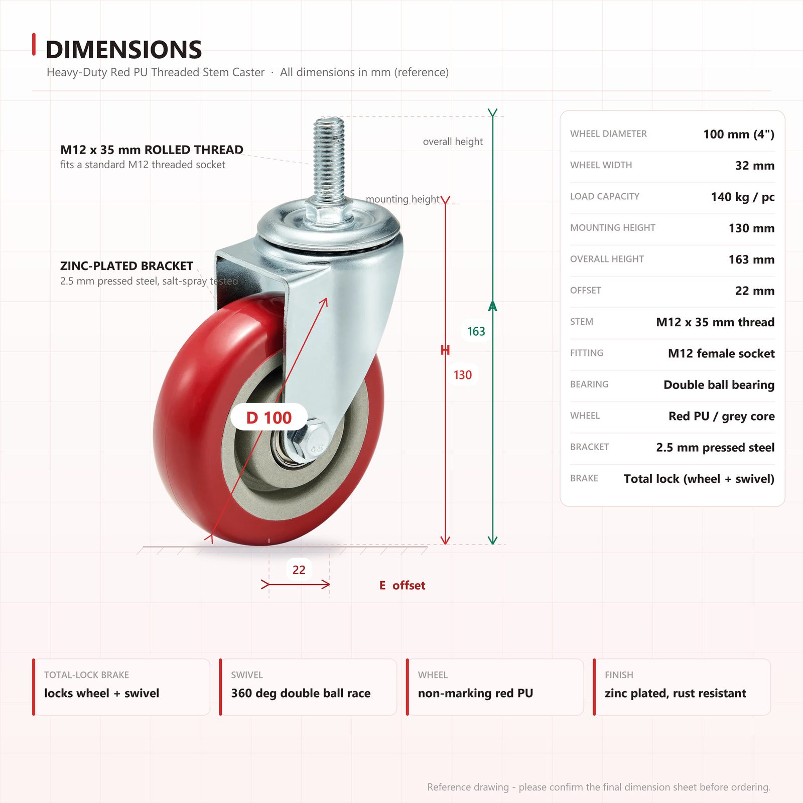 100 mm PU Threaded Stem Swivel Caster with Total Lock — Red Wheel — Dimensions (reference)