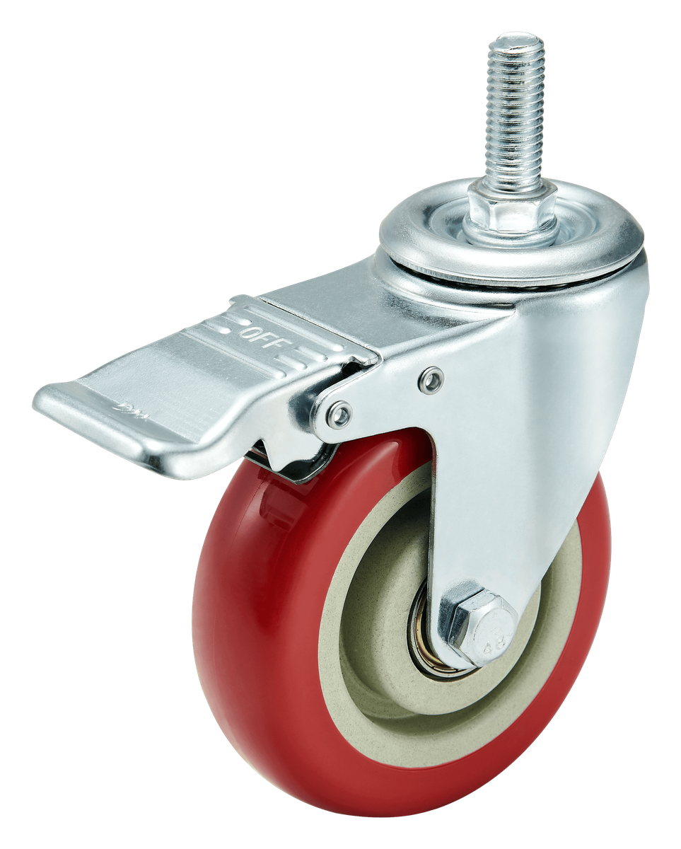 100 mm PU Threaded Stem Swivel Caster with Total Lock — Red Wheel — Polyurethane Threaded stem caster, 100 mm wheel, 140 kg load capacity